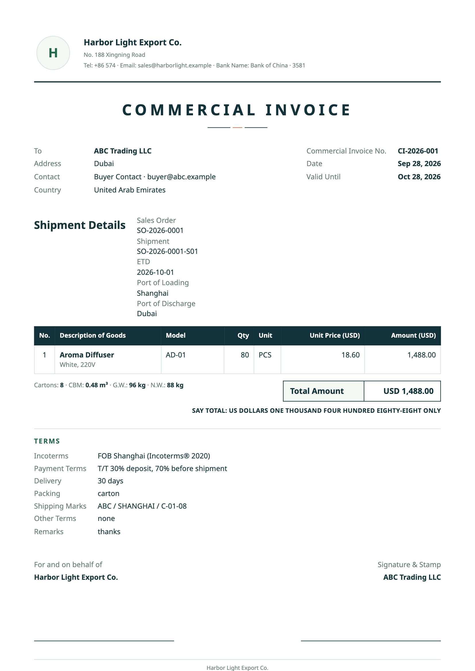 商业发票模板的英文公开示例，显示主要单据字段